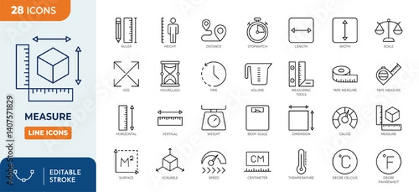 Fototapeta Measure line editable icon set. Containing scale, ruler, size, dimension, temperature, gauge, and more. Vector illustration.