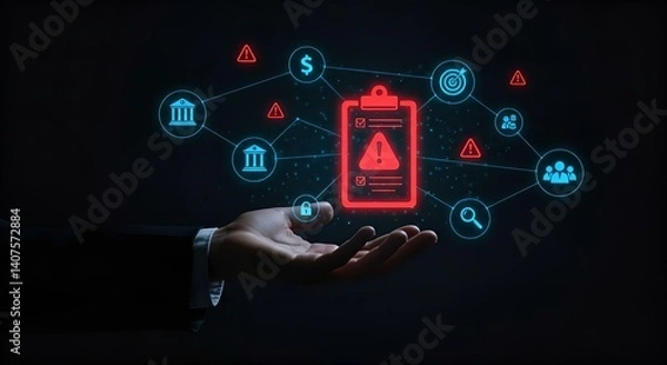 Fototapeta Risk Management Concept: Hand Holding Red Alert Clipboard with Financial Icons on Dark Background - Business Security Illustration