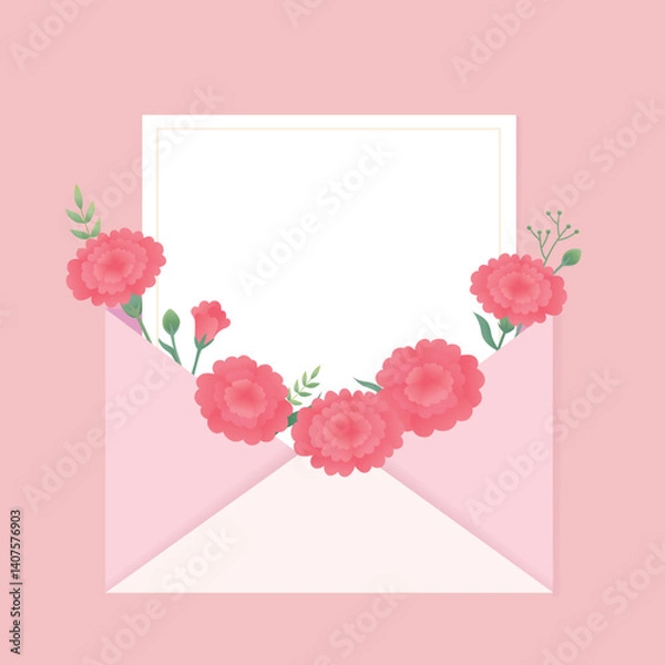Fototapeta Pink letter envelope with carnations and letter paper vector illustrations for Teachers' Day and Mother's Day
