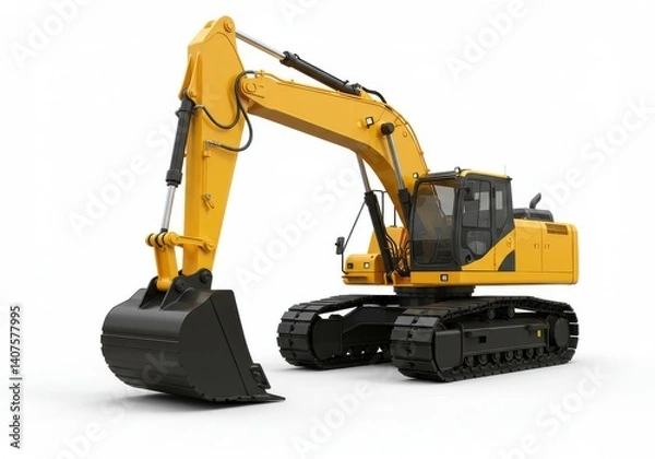 Fototapeta A yellow excavator with a black bucket and tracks on a white background in a studio shot