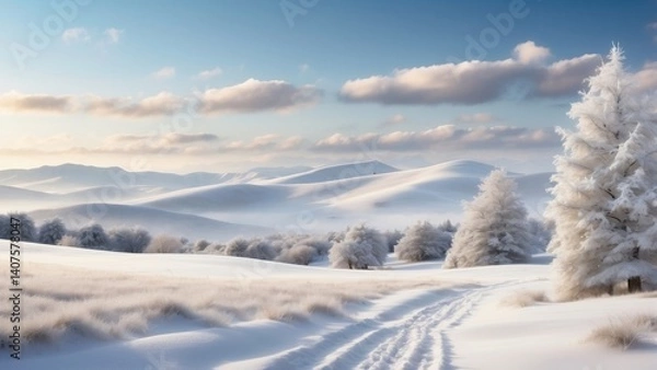 Fototapeta  A serene winter wonderland featuring a blanket of snow over rolling hills, frosted trees, and a tranquil sky. Ideal for use in holiday marketing campaigns to evoke a cozy, festive atmosphere