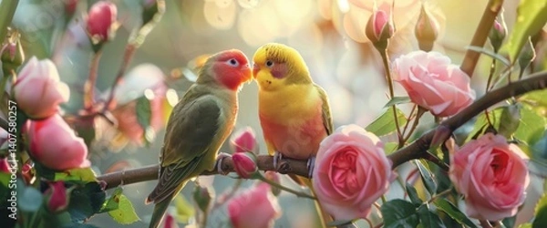 Fototapeta _Pair_of_little_lovebirds_and_pin