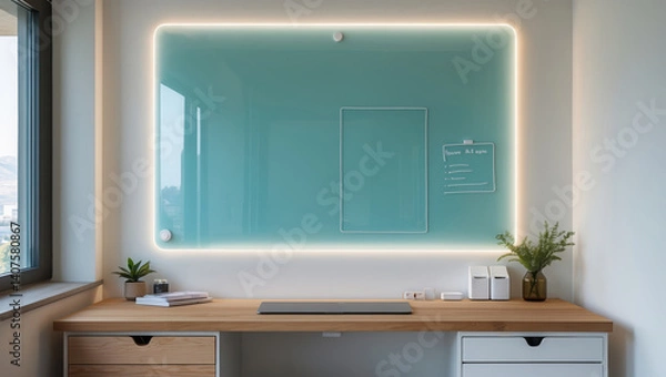 Fototapeta Office space with wooden desk and teal glass board with lights. Small plant and stationery containers sit on desktop with simple decoration.