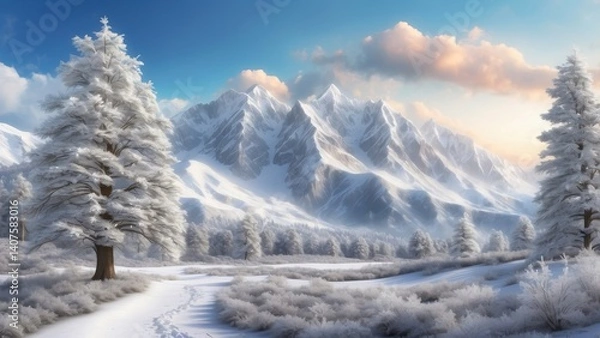 Fototapeta  Majestic snow-covered mountains surrounded by frosted trees and a soft snowfall. Perfect for enhancing holiday marketing materials and winter-themed events with a scenic touch