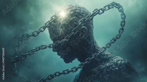 Obraz Silhouetted figure surrounded by chains and lightning depicted in dark, nebulous environment showcasing themes of struggle and liberation