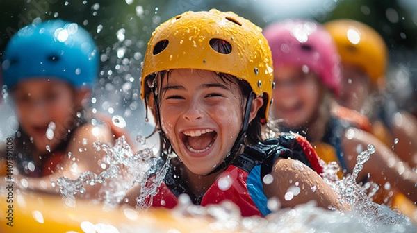 Obraz Children enjoy splashing water while rafting during a summer camp activity at a riverside location