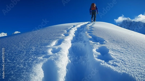 Obraz Mountaineer ascends snow-covered peak under clear blue sky during sunny winter day in the mountains, showcasing determination and adventure in serene wilderness