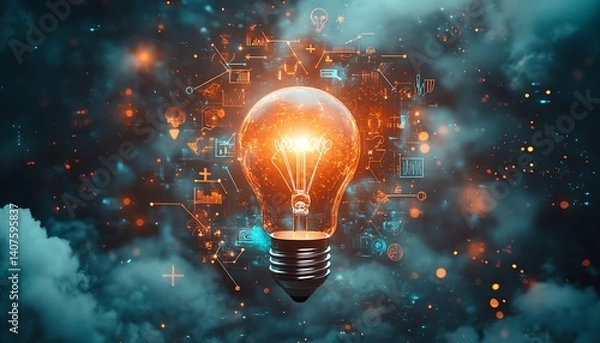 Fototapeta Flat lay composition of a rocket light bulb flying towards the sky, surrounded by creative symbols like arrows, stars, and clouds, signifying a launch of new ideas