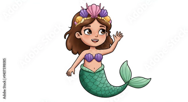 Fototapeta Enchanting Mermaid's Greeting: A captivating illustration of a mermaid, crowned with shells and adorned in vibrant hues, gracefully waving in a whimsical undersea scene.