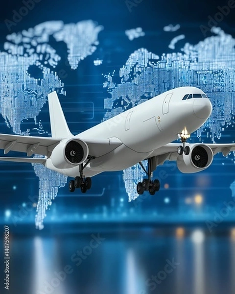 Fototapeta Air freight plane hovering above digital map with animated supply chain routes
