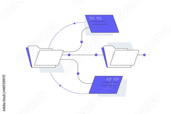 Fototapeta File system hierarchy,  Folders and files. Flowchart connecting documents to a central system ending with verified documents. Document management, digital workflows, data organization. Flat Cartoon 