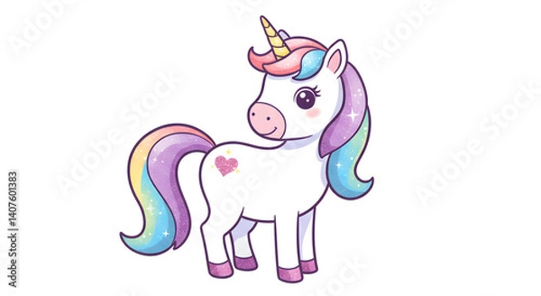 Fototapeta Magical Unicorn Illustration: A whimsical and charming illustration of a unicorn with a flowing rainbow mane and tail, shimmering with glitter and a cute heart on its flank.