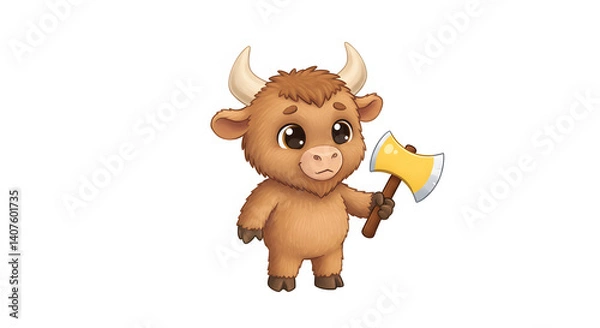 Fototapeta Animated Bull: A charming, animated bull cartoon stands proudly holding an axe, its expressive eyes and friendly demeanor conveying a playful, endearing character. 