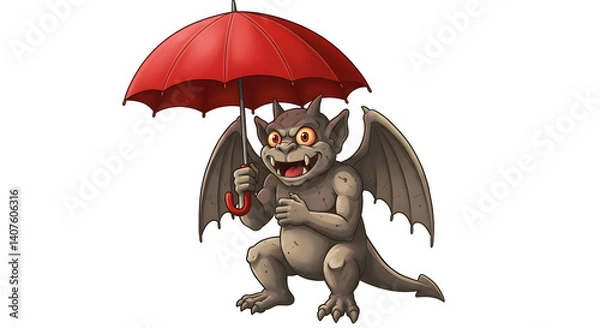 Fototapeta Gargoyle with Red Umbrella: A whimsical gargoyle, perched and grinning with a sense of playful charm, holds a vibrant red umbrella against the sky, conjuring a scene of delightful fantasy and cheer.