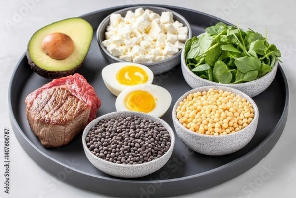 Fototapeta Muscle-focused diet display with macros labeled on plates