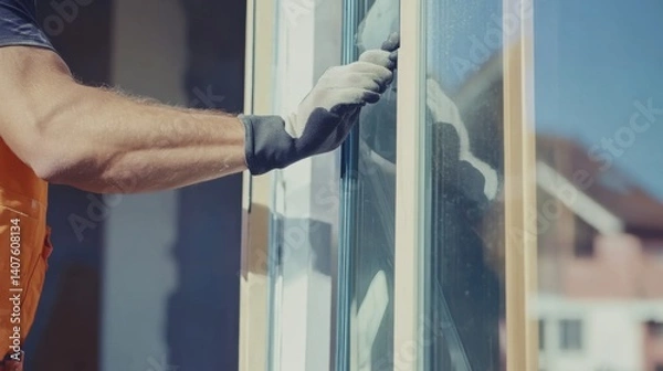 Obraz Construction worker placing large glass windows in a frame. Featuring teamwork and accuracy