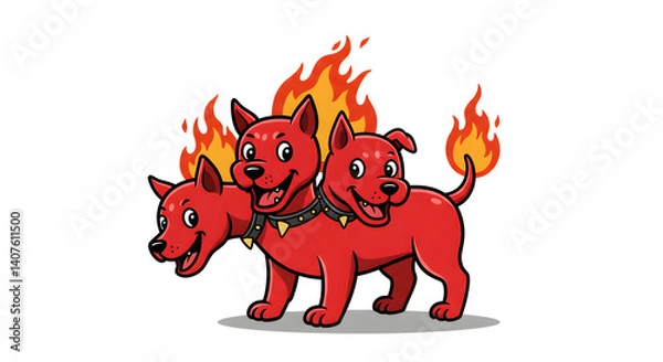 Fototapeta Cerberus: The image showcases Cerberus, a fearsome three-headed dog guarding the gates of the underworld, with stylized flames representing hellfire.