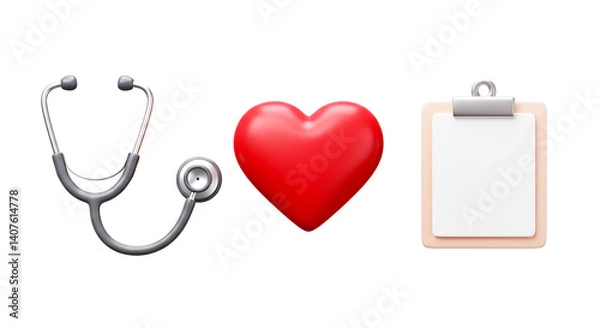 Fototapeta A stethoscope, a red heart, and a clipboard with a white sheet of paper on a black background
