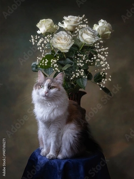 Fototapeta Pretty kitty on a round table with bouquet of roses