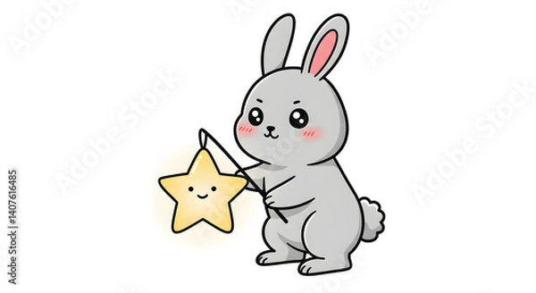 Fototapeta Bunny Holding a Star Lantern: A cute bunny with big eyes and a sweet expression holds a star-shaped lantern with a happy face.