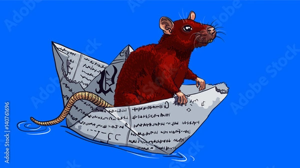 Fototapeta Red rat floating on a paper boat from the newspaper