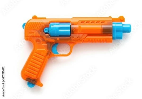 Fototapeta Close up shot of an orange and blue toy gun with a white background in a studio setting