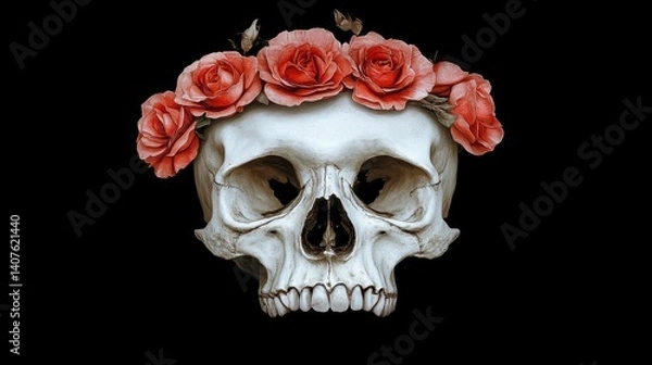 Fototapeta Striking skull decorated with colorful flowers on top set against a black background creating a gothic thematic visual