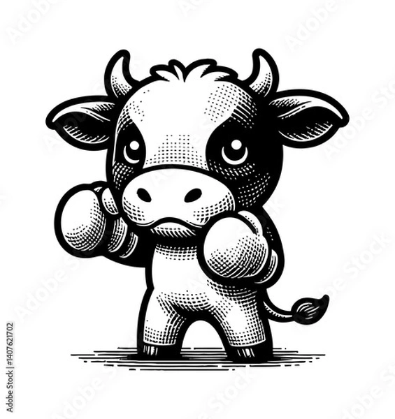 Fototapeta Adorable Tiny Cow or Bull in Boxing Pose with Cute Expression Ready for Fight