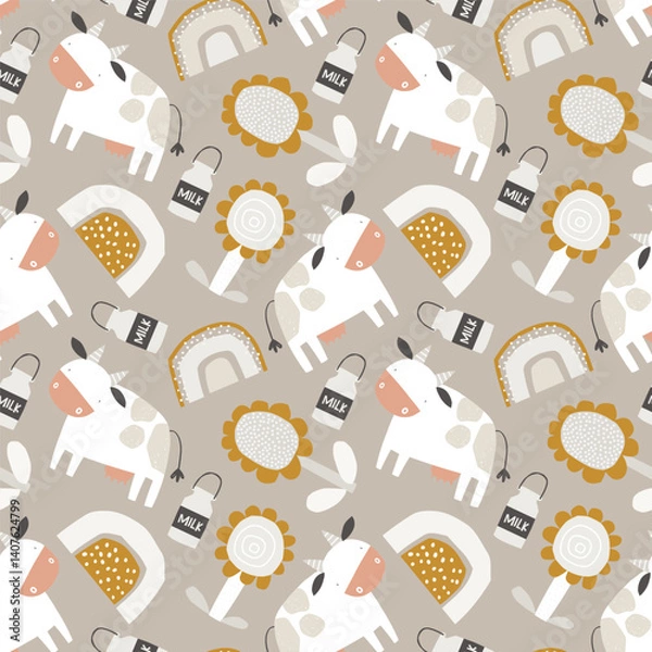 Fototapeta Vector seamless pattern with cute cows, flowers, rainbows and milk on beige background. Farmer's print. Agriculture. Ranch. Creative kids texture for fabric, wrapping, textile, wallpaper.