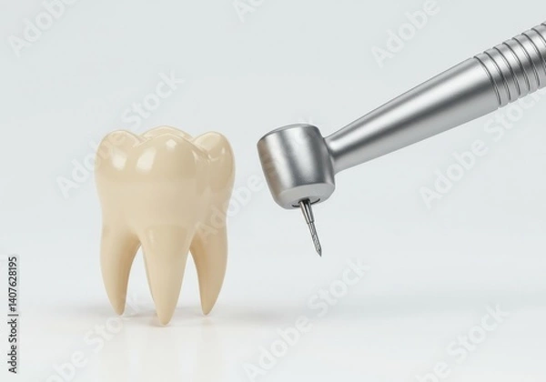 Fototapeta A tooth model next to a dental drill on a white background in a close up studio shot for dental care