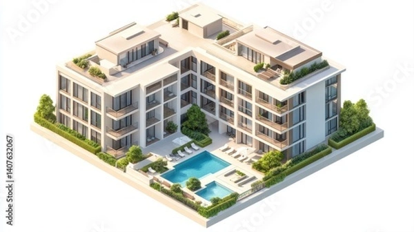 Fototapeta Modern Architectural Design of Luxury Apartment Complex with Pool and Lush Landscaping in Sunlit Environment