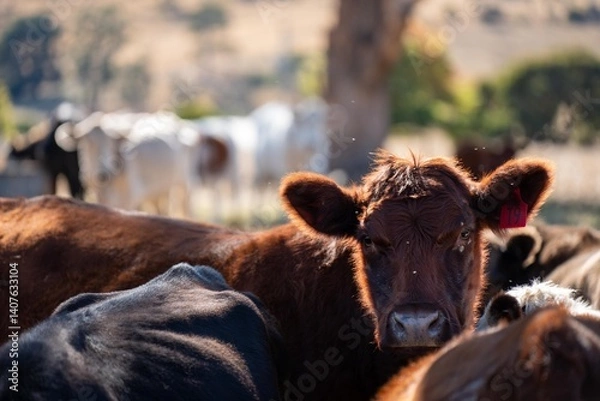 Fototapeta beautiful cattle in Australia  eating grass, grazing on pasture. Herd of cows free range beef being regenerative raised on an agricultural farm. Sustainable farming 
