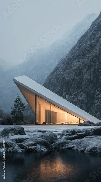 Fototapeta Modern triangular house nestled in snowy mountains.