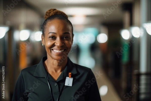 Obraz Smiling portrait of a middle aged female african american housekeeper in a hotel hallway looking at camera