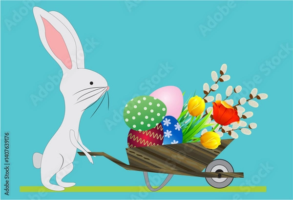 Fototapeta Easter composition with wheelbarrow, easter eggs and hare