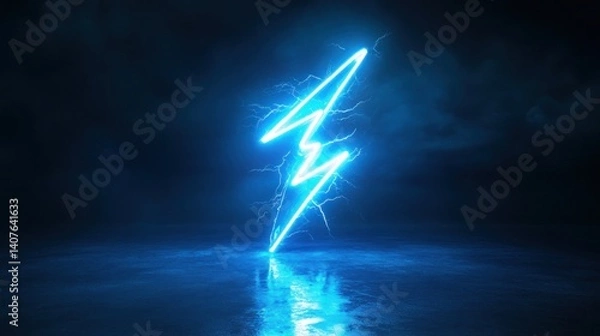 Fototapeta Neon lightning bolt in dark, reflective space