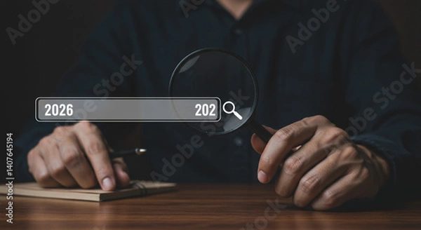 Fototapeta Planning 2026 A focused search for future trends using a magnifying glass on a dark wooden desk with