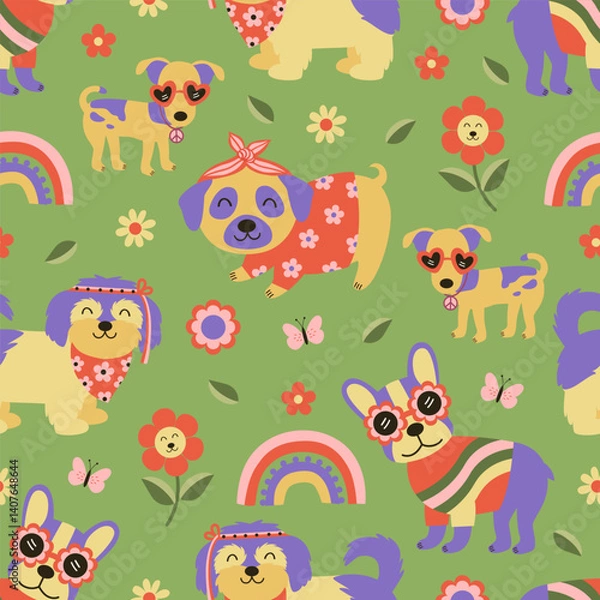 Fototapeta seamless pattern with  groovy retro  Dog, rainbow, flowers