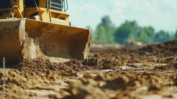 Fototapeta Heavy machinery operator grading land with a bulldozer. Featuring control and precision