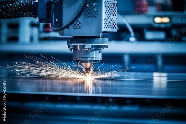 Fototapeta Industrial laser cutting equipment creating detailed patterns on metal sheets with bright sparks : Generative AI
