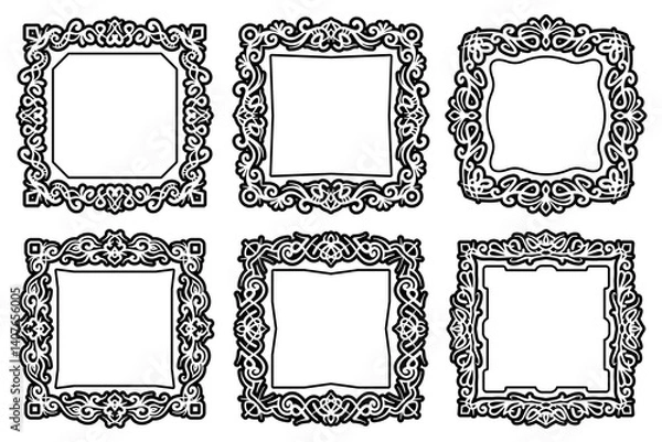 Fototapeta A set of six intricate ornamental frames, featuring detailed decorative flourish patterns in black and white. Abstract ornamental luxury square borders.