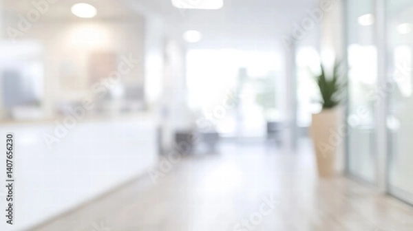 Fototapeta modern clinic hallway featuring blurred medical environment, creating sense of calm and professionalism. space is well lit with natural light, enhancing welcoming atmosphere