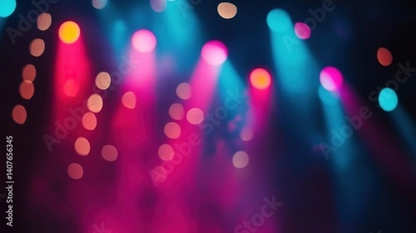Fototapeta Vibrant concert stage with colorful lights and abstract bokeh, capturing the essence of dynamic energy and atmosphere.
