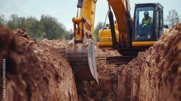 Fototapeta Heavy machinery operator using an excavator to dig foundation trenches. Featuring strength and precision
