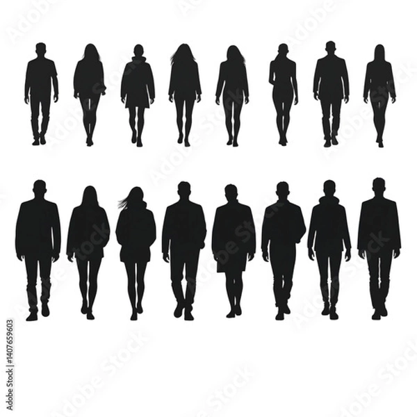 Fototapeta Silhouettes of people isolated on transparent background. Minimalist monochromatic vector graphic for architectural rendering, urban planning, design, presentations, and web use.