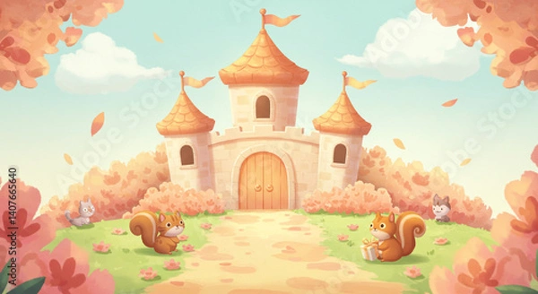 Fototapeta Adorable squirrels approach a fairytale castle nestled in a whimsical autumnal landscape with soft