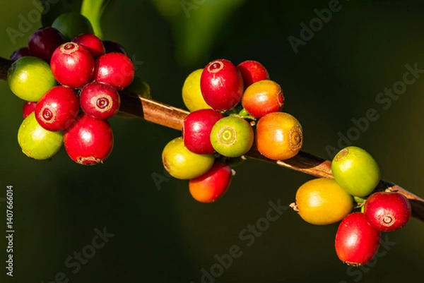 Fototapeta Close-up of colorful coffee cherries in different ripening stages on a branch, highlighted by natural sunlight in a coffee plantation.