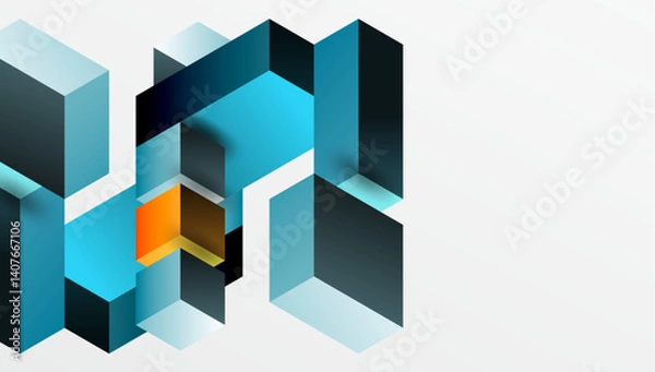 Fototapeta Isometric cubes create abstract composition. Blue, teal, orange hues dominate design. Shadows suggest depth, geometric shapes interlock forming modern visual.