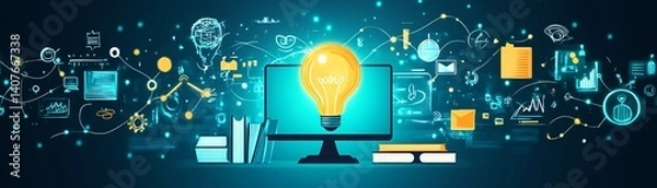 Obraz Online learning concept with icons of a computer, book, and light bulb on a digital screen, symbolizing educational technology and elearning tools, vibrant design