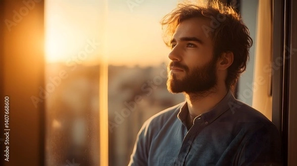 Fototapeta A man standing by a window with a thoughtful expression gazing into the horizon